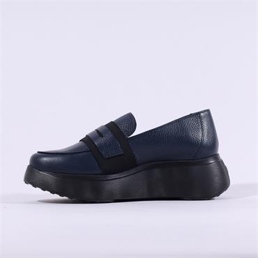 Wonders Roma Platform Slip On Wedge - Navy Leather